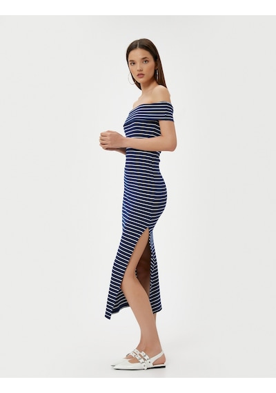 Koton Madonna Yaka Kalem Elbise Midi Boy Yırtmaç Detaylı Slim Fit Lacivert Çizgili 4sal80217ık Koton Madonna Yaka Kalem Elbise Midi Boy Yırtmaç Detaylı Slim Fit Lacivert Çizgili 4sal80217ık