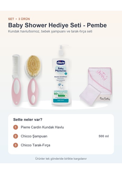Baby Shower Hediye Seti 3 Parça: Pierre Cardin Kundak Havlu + Şampuan + Tarak-fırça - Pembe