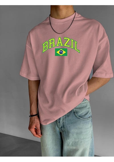 Brazıl Baskılı Oversize Tişört Pembe