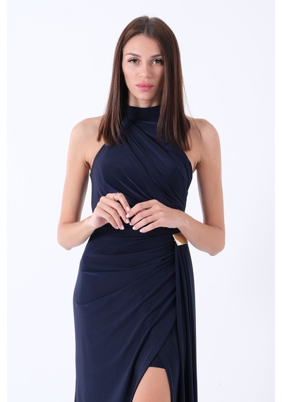 Feminist Lacivert Halter Yaka Drapeli Beli Gold Toka Detaylı Straplez Abiye 9705862
