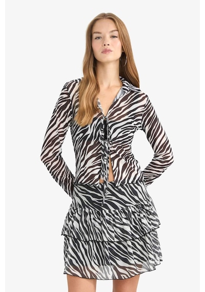 Defacto Fitted Polo Yaka Zebra Desenli Önden Bağlamalı Tül Bluz G2379ax25auwt32 Beyaz