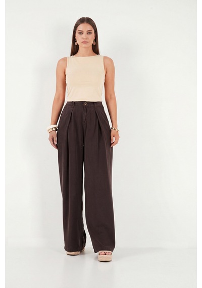 Lela Relaxed Fit Yüksek Bel Geniş Paça Pantolon Bayan Pantolon 668yp5515 Kahve