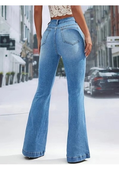 Valensdesign Kadın Yüksek Bel Önden Düğme Detaylı Parçaya Doğru Geniş Kot Pantolon Mavi