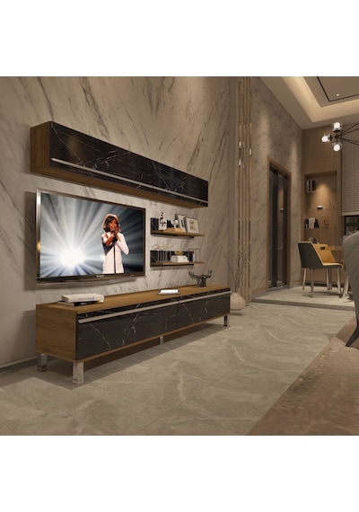 Decoraktiv Eko 5 Mdf Std Krom Ayaklı Tv Ünitesi Tv Sehpası Pera - Siyah Mermer
