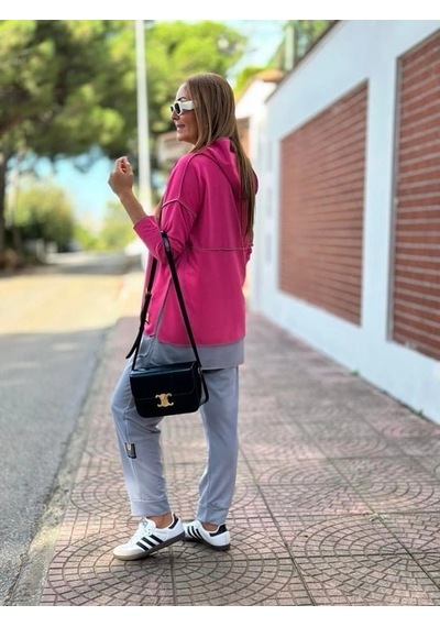 DefyModa Kadın Pembe Kapşonlu Etek Ucu Detay Arma Ters Dikiş Gorunumlu Ikili Takım