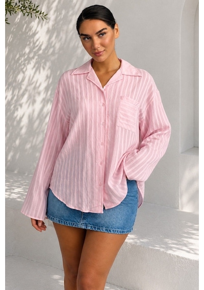 Madmext Pembe Çizgi Desenli Rahat Kesim Kadın Gömlek Mg2741