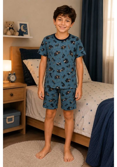 Tenra Erkek Çocuk Pamuklu Şortlu Pijama Takımı 3-12 Yaş Turkuaz