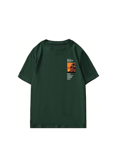 Beach Logo T-shirt - Yeşil Baskılı Oversize Bisiklet Yaka Kısa Kol Yeşil