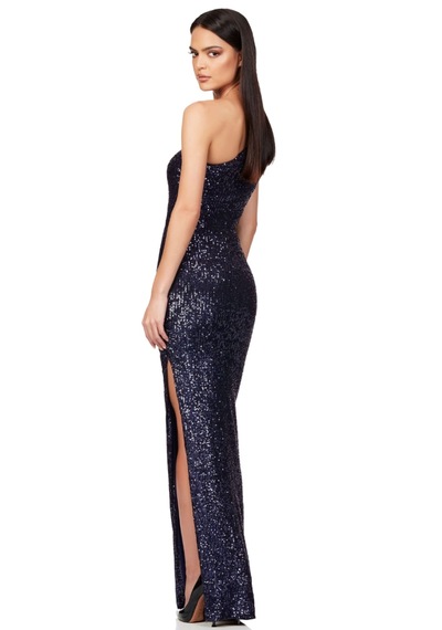 Hanife Glam Couture Tek Omuz Büzgü Detaylı Pulpayet Abiye Elbise Lacivert