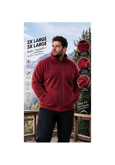 Givoria Büyük Beden Fermuarlı Polar Hırka Yumuşak Polar Ceket Kırmızı Kırmızı