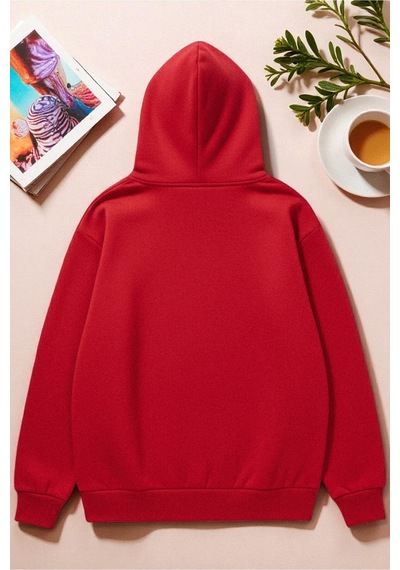Uyguntarz Unisex Uyuyan Kedi Baskılı Kapüşonlu Sweatshirt Kırmızı