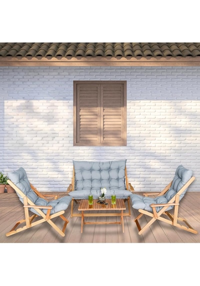 Ahşap Katlanabi Li R Taşinir Puf Mi Nderli Kollu Şezlong Plaj Teras Balkon Bahçe Takimi 4 Lü Set Gri Çok Renkli