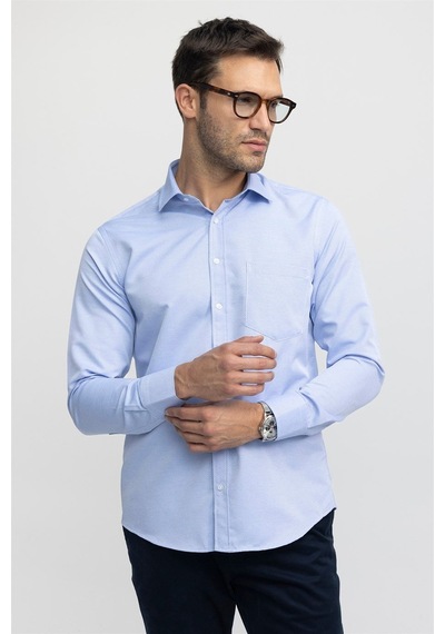 Tudors Erkek Regular Fit Klasik Kesim Kravatlık Armürlü Mavi Gömlek-26974 Mavi