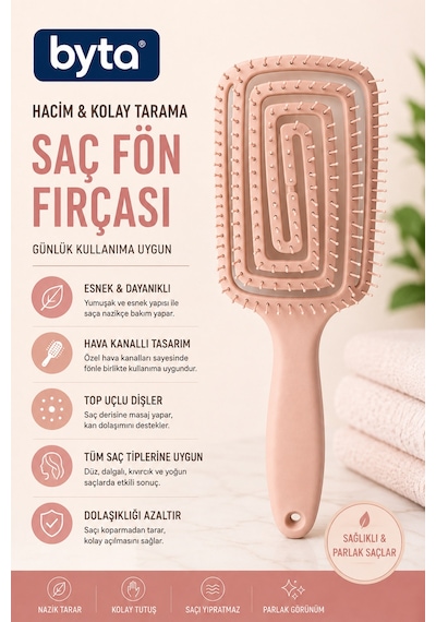 Hava Kanallı Saç Fön Fırçası Esnek Top Uçlu Dolaşık Açıcı Hacim Veren Şekillendirici Tarak