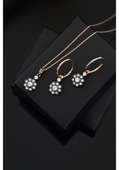 Papatya Silver 925 Ayar Gümüş Rose Kaplama Elmas Montür Çiçek Set