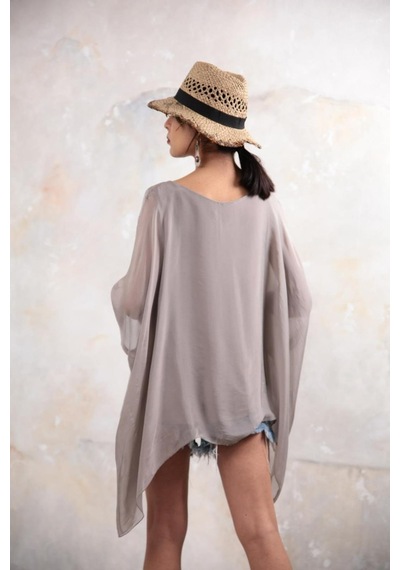 Bohem Stil İtalyan Yarasa Kol İpek Bluz-8869 Vizon