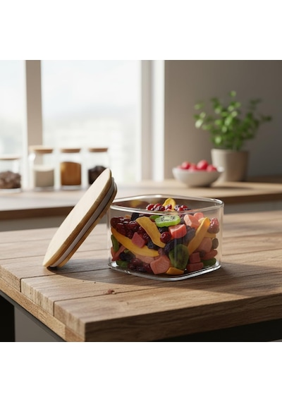 400 Ml Bambu Kapaklı Kare Cam Saklama Kabı - Dikey Çizgili Rölyef Desenli Vakumlu Kahvaltılık Ve Erzak Kabı 10x10x6 Cm Çok Renkli