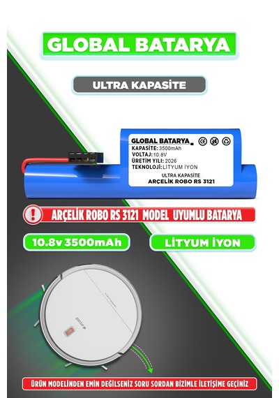 Arçelik Robo Rs 3121 Robot Süpürge Bataryası 10.8v 3500mah Li-ion Pil  Kapasite