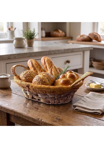 Oval Hasır Ekmeklik Sepeti Kumaş Astarlı Dekoratif Sofra & Kahvaltı Ekmek Sepeti - Koyu Çok Renkli
