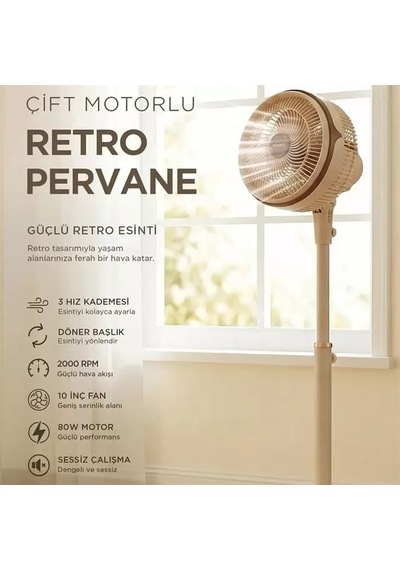 Hubrendy Sh Everest Fan13 Olympos Air Krem/gold 10" 80w 3 Hız Kademeli 2000rpm Çift Motorlu Retro Va