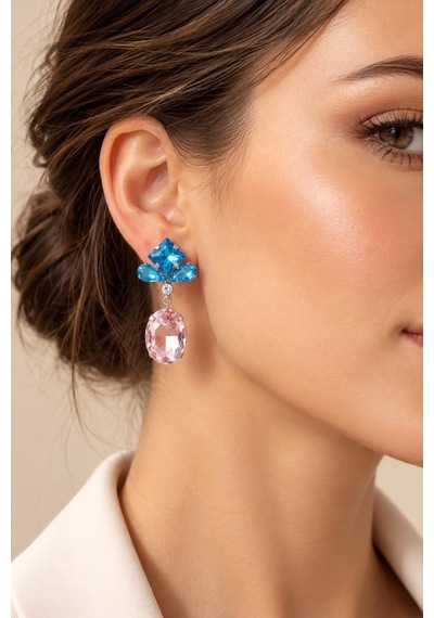 Valmont Accessories Mavi Pembe Büyük Oval Taşlı Sallantılı Işıltılı Şık Kadın Küpe