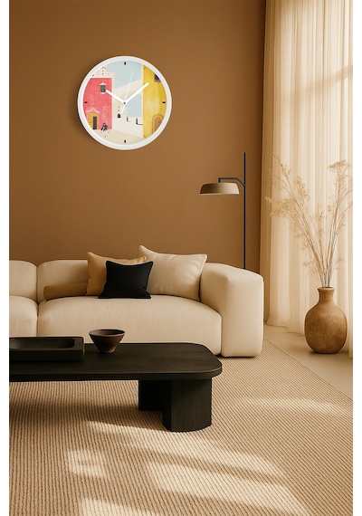 Retro Mimari Desenli Modern Duvar Saati - 42cm - Önü Camlı Beyaz Kasa - Sessiz Mekanizma Beyaz