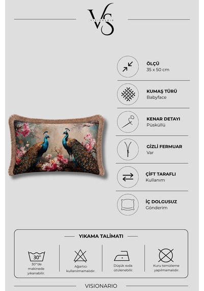 Tavus Kuşu Desenli Püsküllü Babyface Dokuma Kırlent Kılıfı 35 X 50 Çok Renkli
