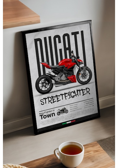 Ducati Street Fighter V4 Siyah Ahşap Çerçeveli Poster, Dekoratif Motosiklet Duvar Tablosu