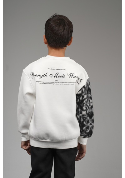 King-Brich Kingbrich Kids Bisiklet Yaka Kolu Garnili Baskılı Çocuk Sweatshirt Ekru