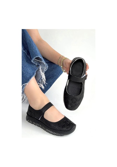 Look Shoes Herşeytrend Sina Siyah Hakiki Deri Cırt Cırtlı Babet Ayakkabı Siyah