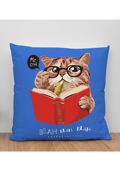 Bk Gift Kedi Tasarımlı Mavi Kırlent Yastık, Arkadaşa Hediye, Ev Dekorasyonu, Ev Hediyesi-5