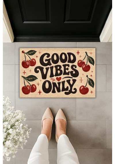 Rugmood Good Vibes Only Kiraz Desenli Dijital Baskı Kapı Önü Paspası 70x45 Cm Çok Renkli