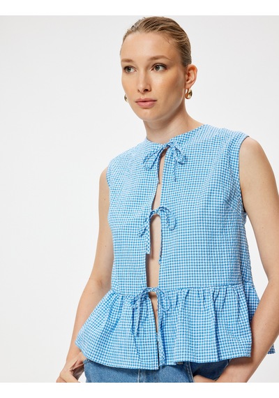 Koton Fiyonk Detaylı Peplum Yelek Pötikare Desenli Mavi Ekose 4sak30155pw Mavi