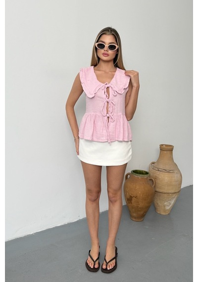 Jee Lee Kadın Bağlama Detaylı %100 Pamuklu Bluz Pembe - 26y 1041 Pembe