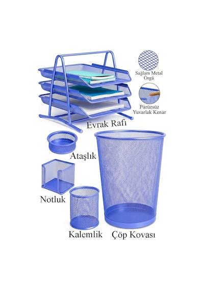 Mavi Metal Evrak Rafı 3 Lü Masaüstü Kalemlik 3 Lü Ve Fileli Çöp Kovası 1 Paket Masaüstü A4 Dosya Düzenleyici Not Mavi