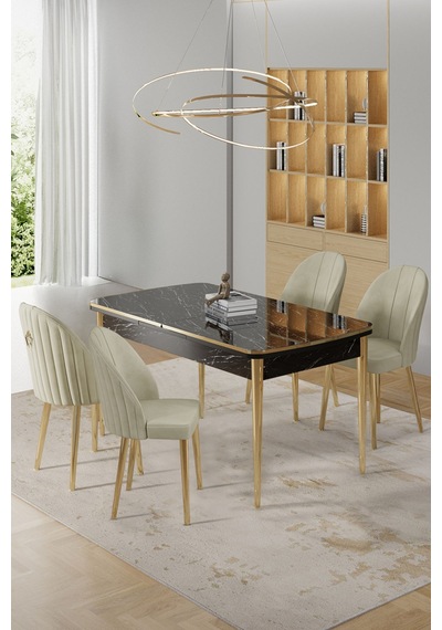 Canisa Rada Serisi 80x132 Açılabilir Lak Panel Siyah Mermer Desen Masa 4 Krem Sandalye Gold Detay Masa Siyah Mermer Desen Sandalye Krem Canisa Rada Serisi 80x132 Açılabilir Lak Panel Siyah Mermer Desen Masa 4 Krem Sandalye Gold Detay Masa Siyah Mermer Desen Sandalye Krem