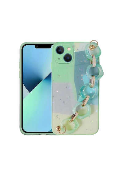 Apple Uyumlu iPhone 13 Uyumlu Simli Desenli El Askılı Tutacaklı Zore Elsa Silikon Kılıf-yeşil Yeşil -