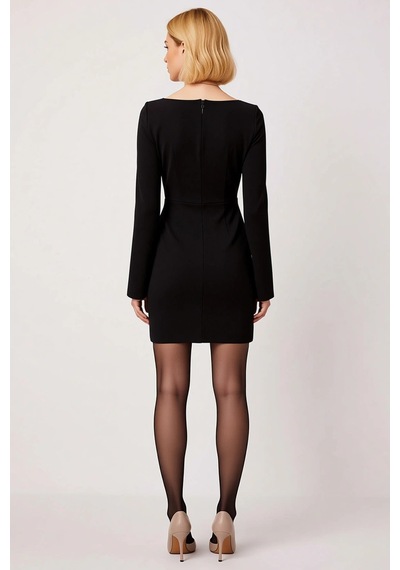 Benerly Kadın Kalp Yaka Uzun Kol Bodycon Kalıp Mini Dokuma Elbise Aksesua Siyah