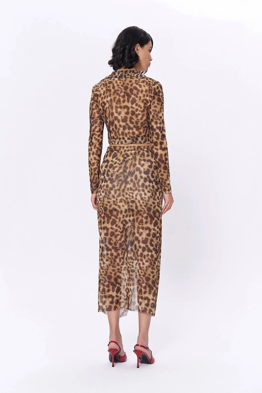 Olla Collection Leopar Desenli Midi Etek Kahve Kahverengi