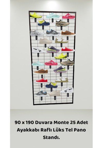90x190 Duvara Monte 25 Adet Ayakkabı Raflı Lüks Tel Pano Standı Siyah