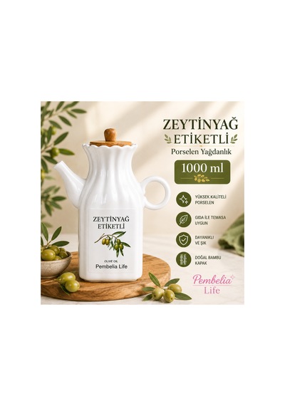 Porselen 1000 Ml Zeytinyağ Etiketli Kare Yağdanlık Yağlık Beyaz Beyaz