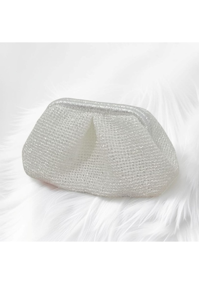 Embahandmde El Yapımı Beyaz Metalik Örgü Clutch Çanta Gelin Çantası Abiye Davet Çantası