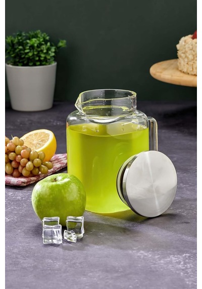 Tr 1100 Ml Borosilikat Cam Sürahi, Paslanmaz Çelik Kapaklı, Metalik Ckr3404