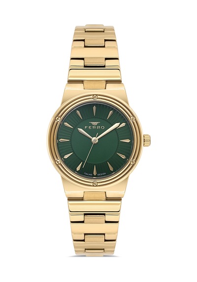 Ferro Fl21586awt-b6 Quartz Çelik Altın Rengi Yeşil Kadran 31 Mm Kadın Kol Saati Altın