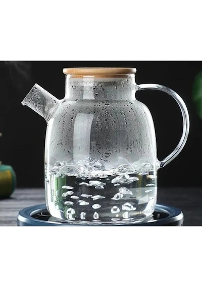 Morponi Ateşe Dayanıklı Borosilikat Cam Bambu Kapaklı Bitki Çayı Demliği & Sürahi 1800 Ml Şeffaf