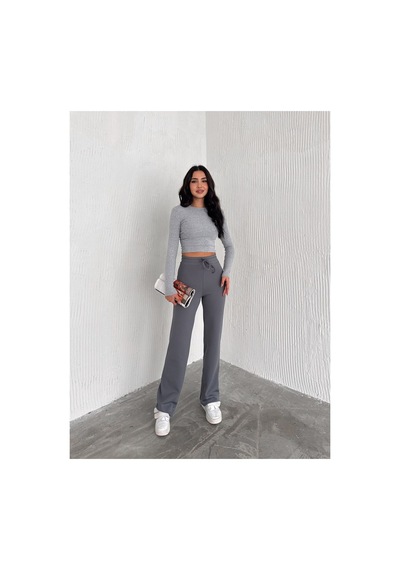 Dechival Kadın Bol Paça Fitilli Pantolon Yazlık Wide Leg Eşofman Altı Füme