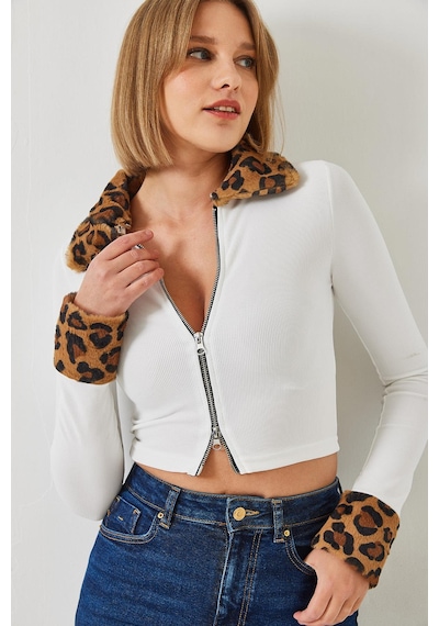 Shade Kadın Leopar Peluşlu Fermuarlı Hırka 60261015 - Beyaz