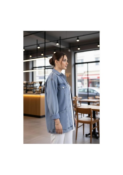 Hb Harma Time Butik Kadın Cep Detaylı Denim Mavi Kot Ceket