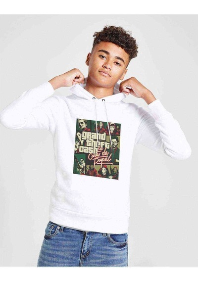 Tshirthane La Case De Papel Grand Theft Baskılı Unisex Çocuk Kapüşonlu Beya Beyaz