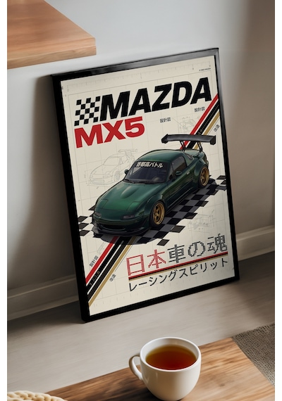 Mazda Mx5 Siyah Ahşap Çerçeveli Poster, Dekoratif Araba Duvar Tablosu